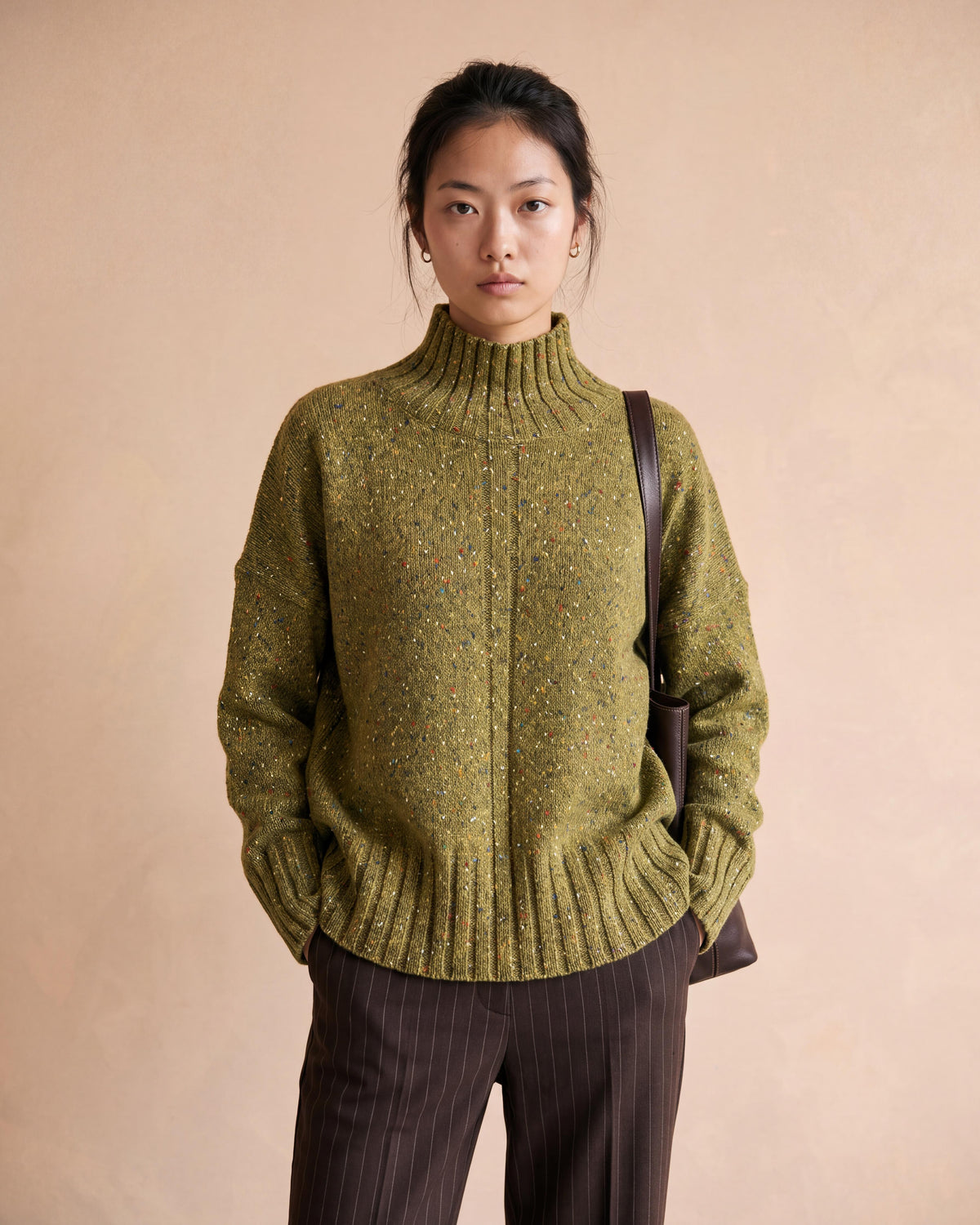 Pull jaune chiné en laine et alpaga col montant ABIME14/14141/841