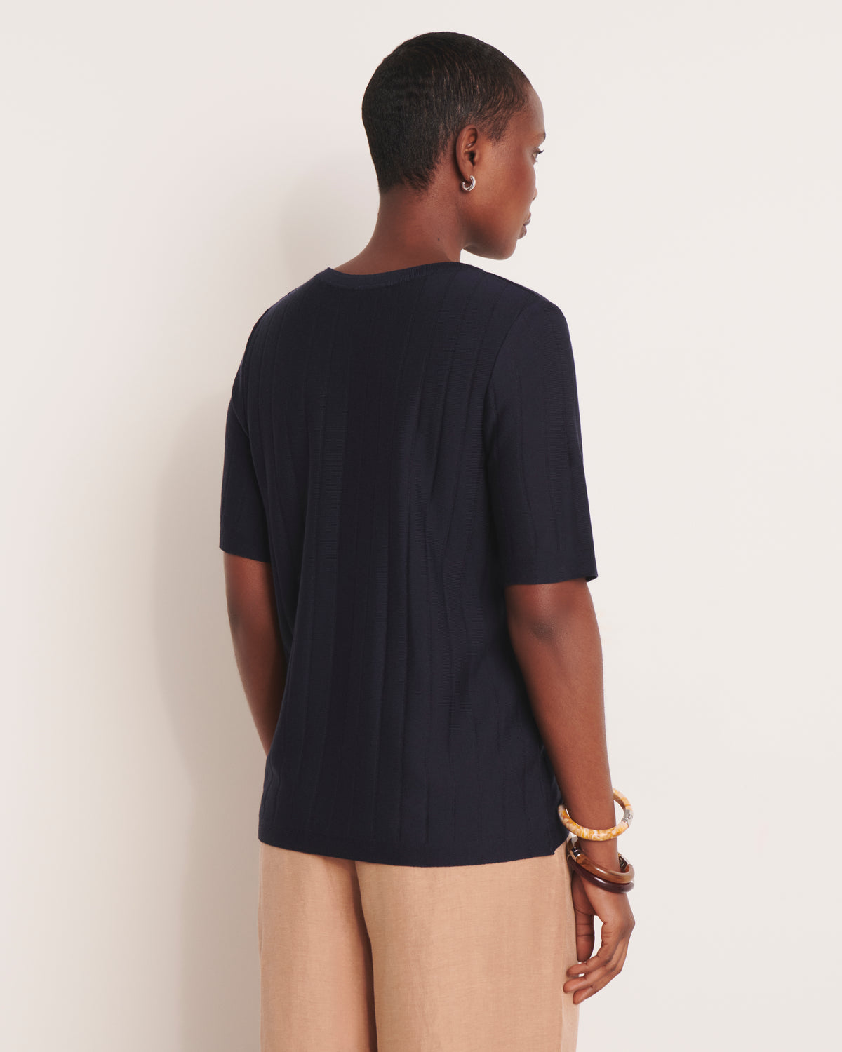 Pull bleu marine en maille manches courtes ABYSSE/13016/317