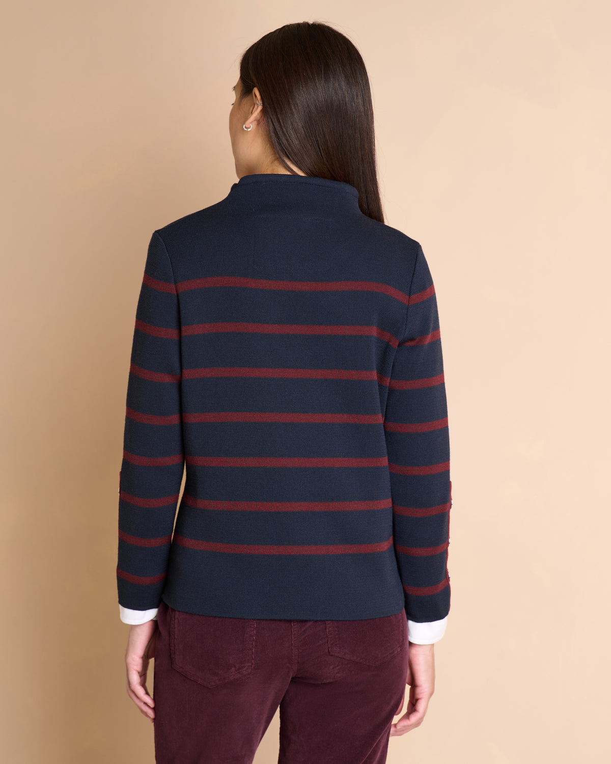Pull bleu marine à rayures en laine mérinos col montant ACCORDER1927/14137/886