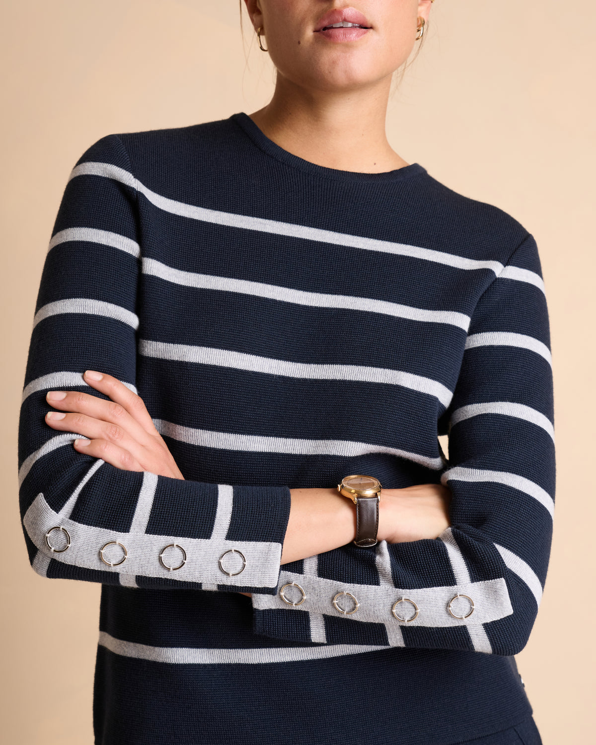 Pull bleu marine à rayures en laine mérinos col rond ACCORDER1927-R/14194/887