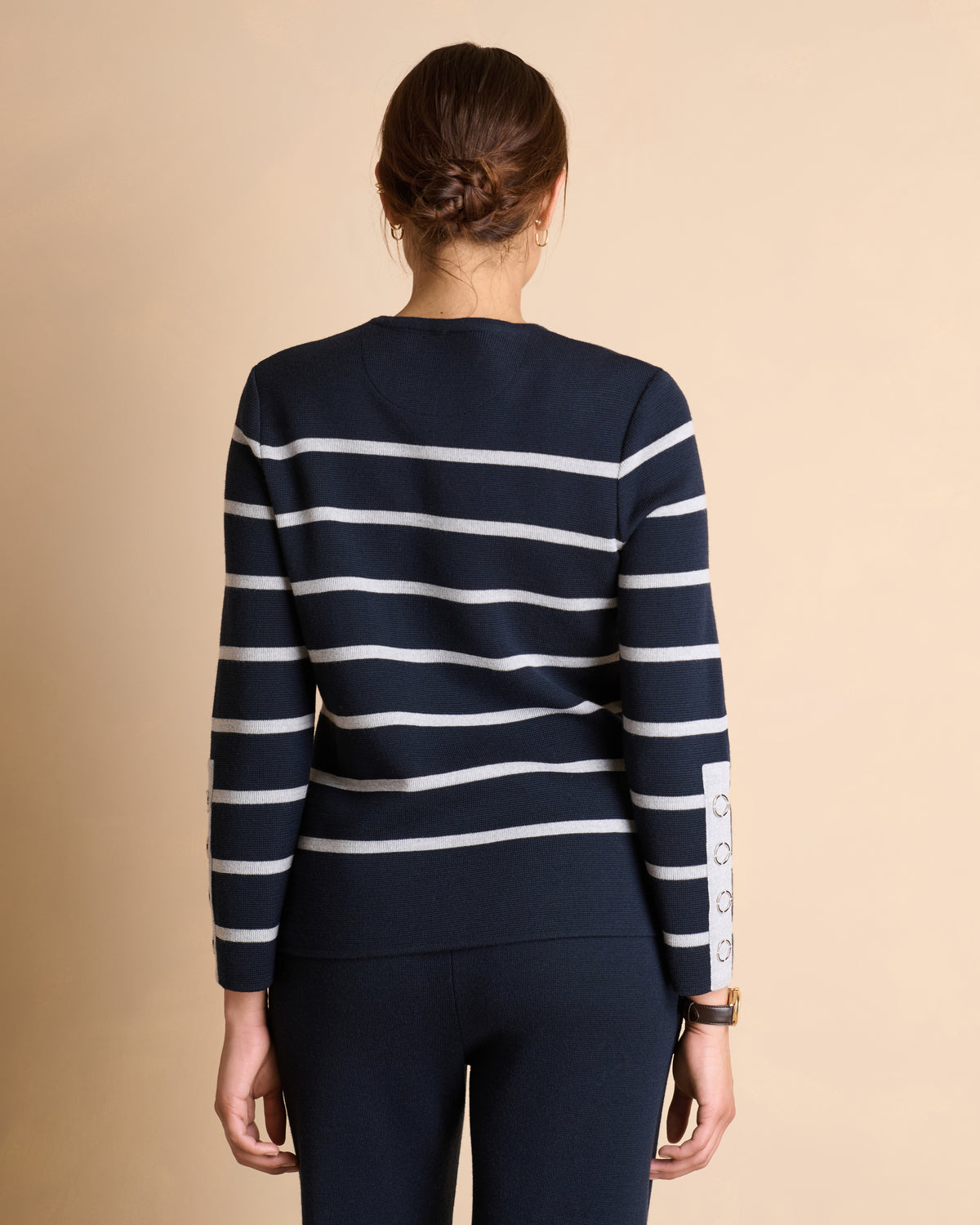 Pull bleu marine à rayures en laine mérinos col rond ACCORDER1927-R/14194/887