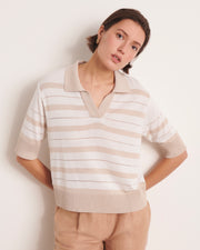 pull en maille ajourée beige et blanche