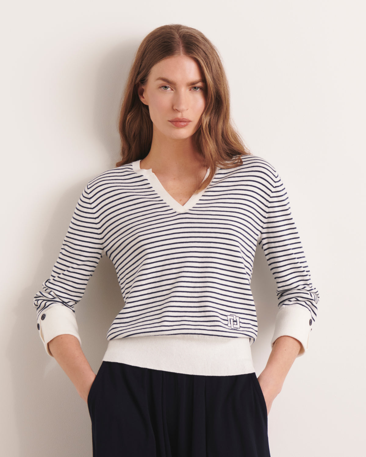 Pull marinière blanc encolure tunisienne ALINIERE/13133/761
