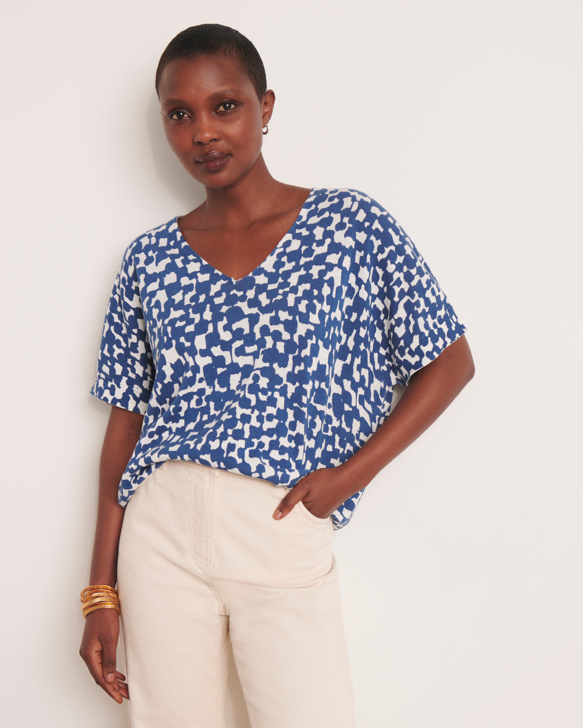 Pull kimono bleu en maille imprimée ALISMA-NEW/13137/881