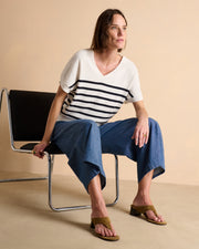 Pull kimono blanc à rayures bleu marine en lin et coton