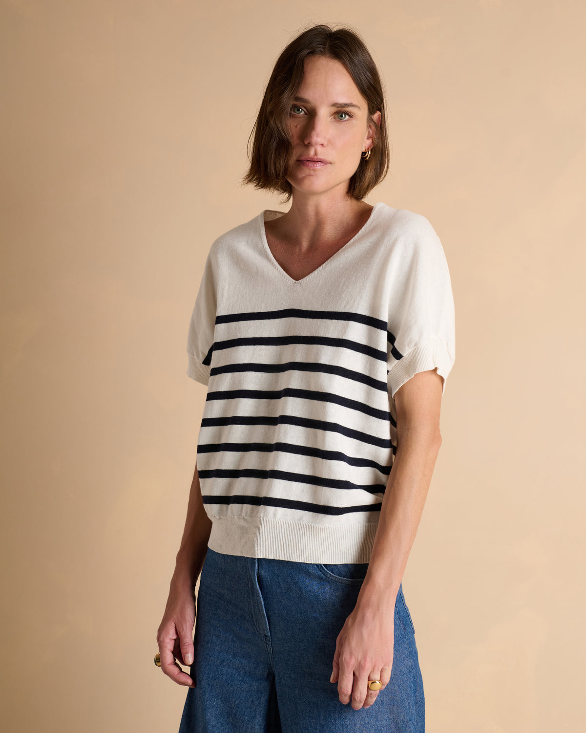 Pull kimono blanc à rayures bleu marine ALISMA-RAYE/13338/771