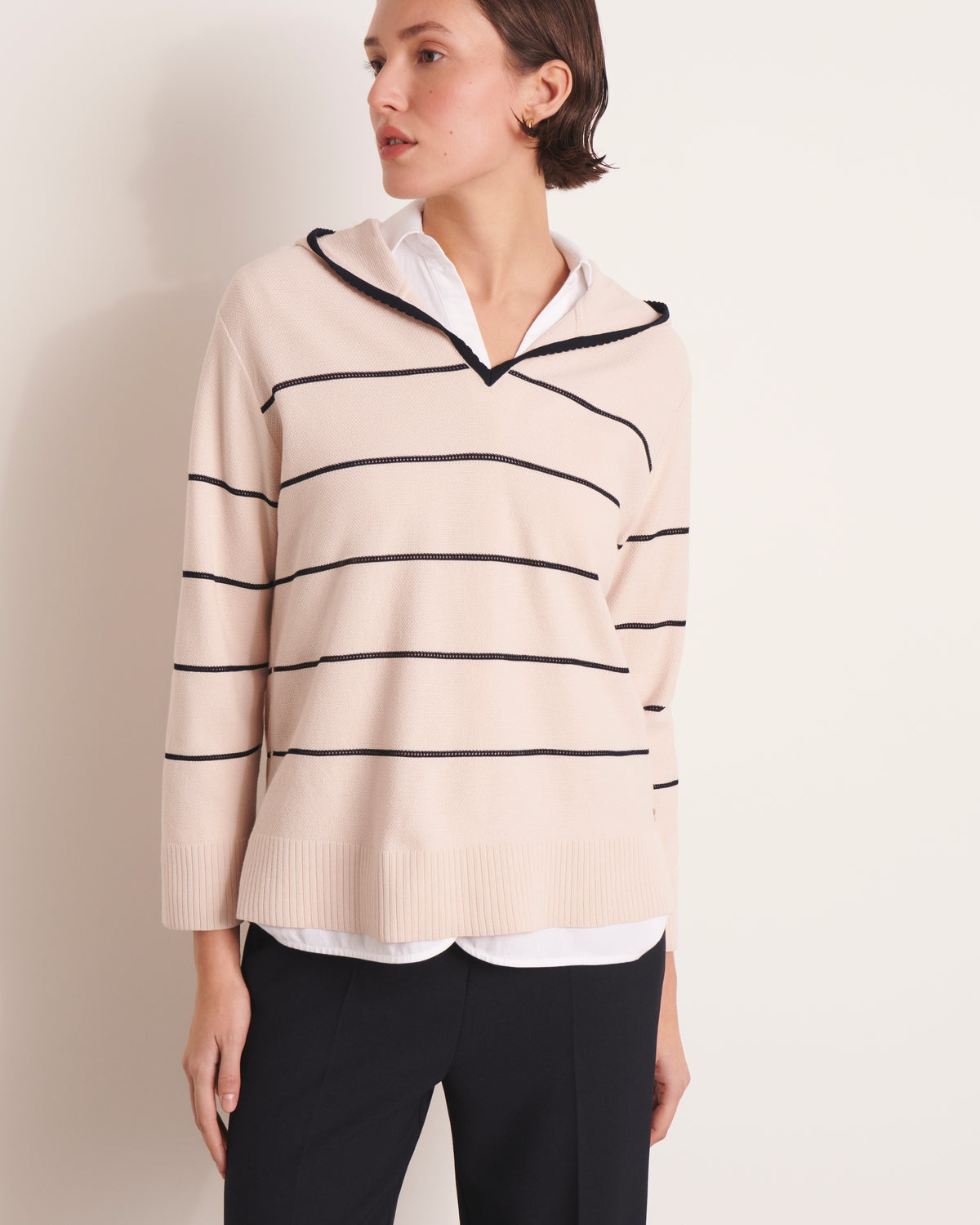 Pull à capuche beige à rayures en maille ALPHA-BIS/13236/781