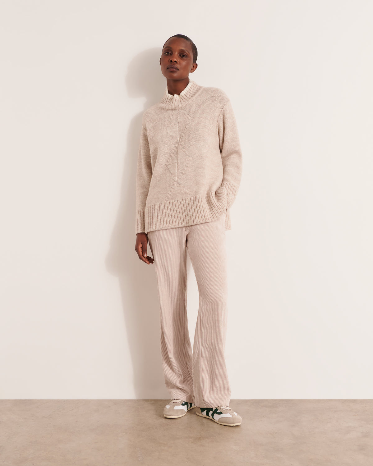 pull beige en maille jacquard laine mérinos et alpaga