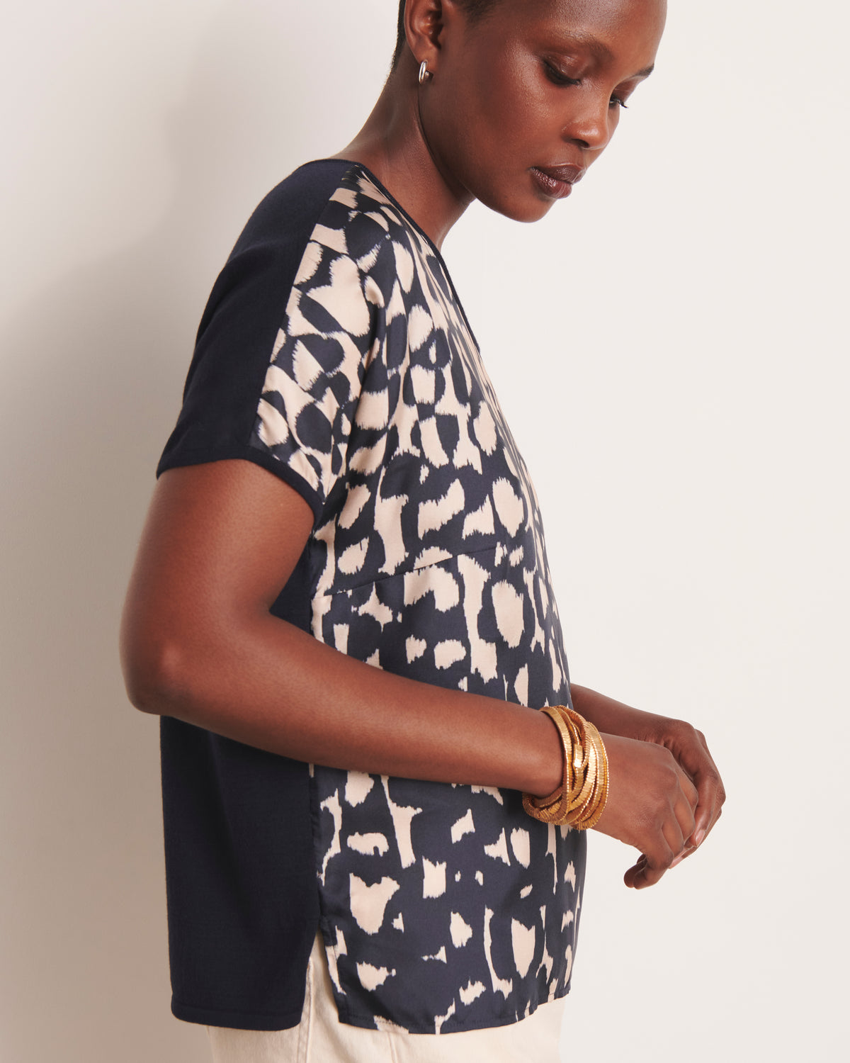 Pull imprimé bimatière bleu marine manches kimono twin-set ARANDE/13106/635