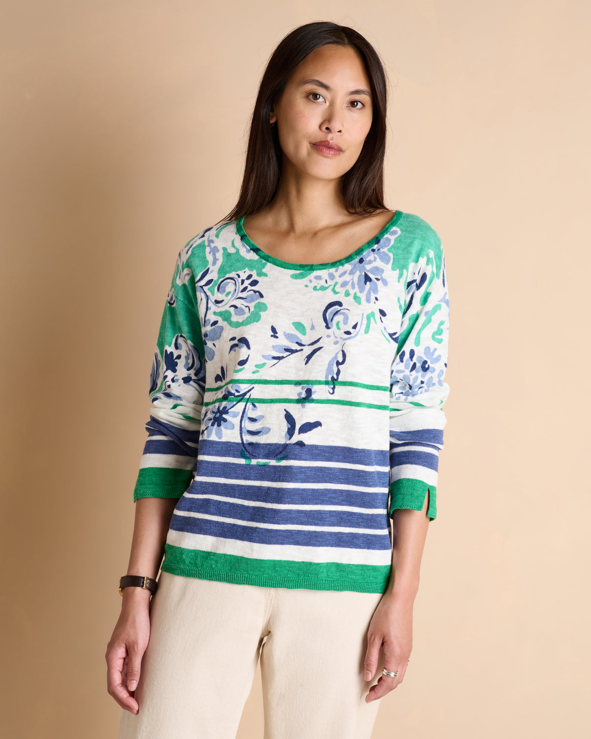 Pull bleu et vert rayé à motif fleuri ARAYNA/14085/781