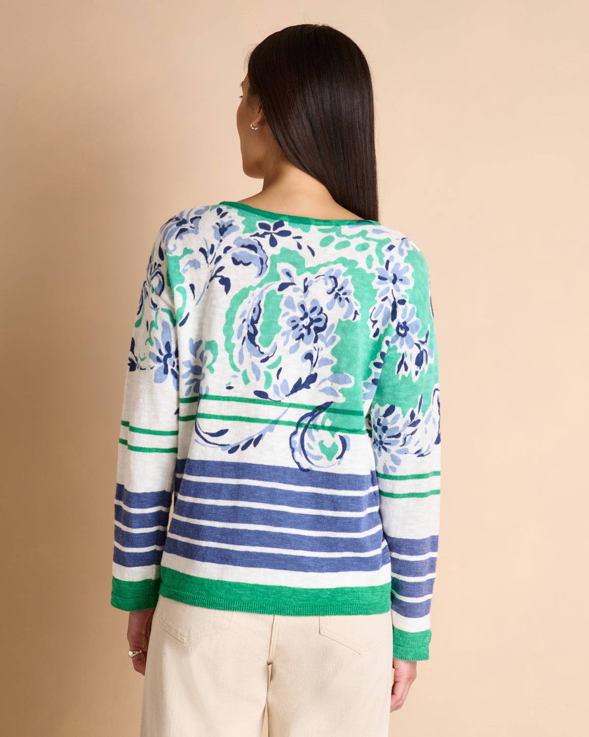 Pull bleu et vert rayé à motif fleuri ARAYNA/14085/781
