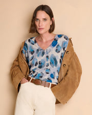 Pull bleu imprimé manches longues encolure V en laine et cachemire