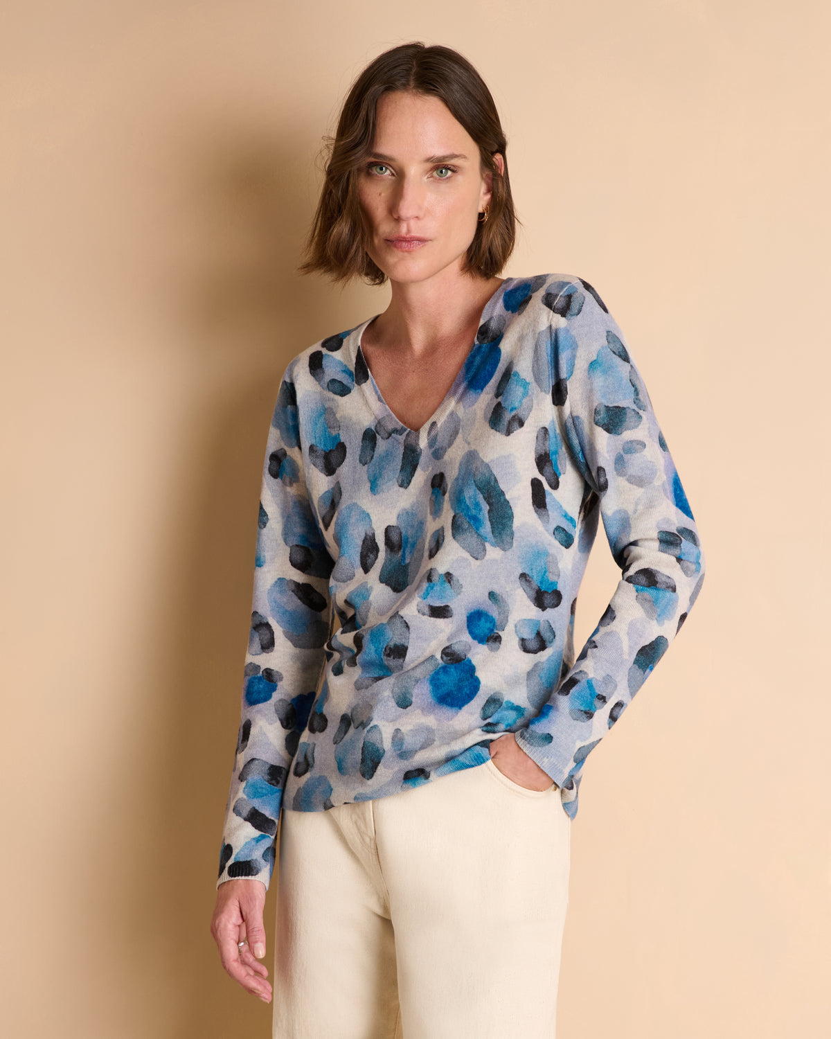 Pull bleu imprimé manches longues encolure V AUREOLE/14131/881