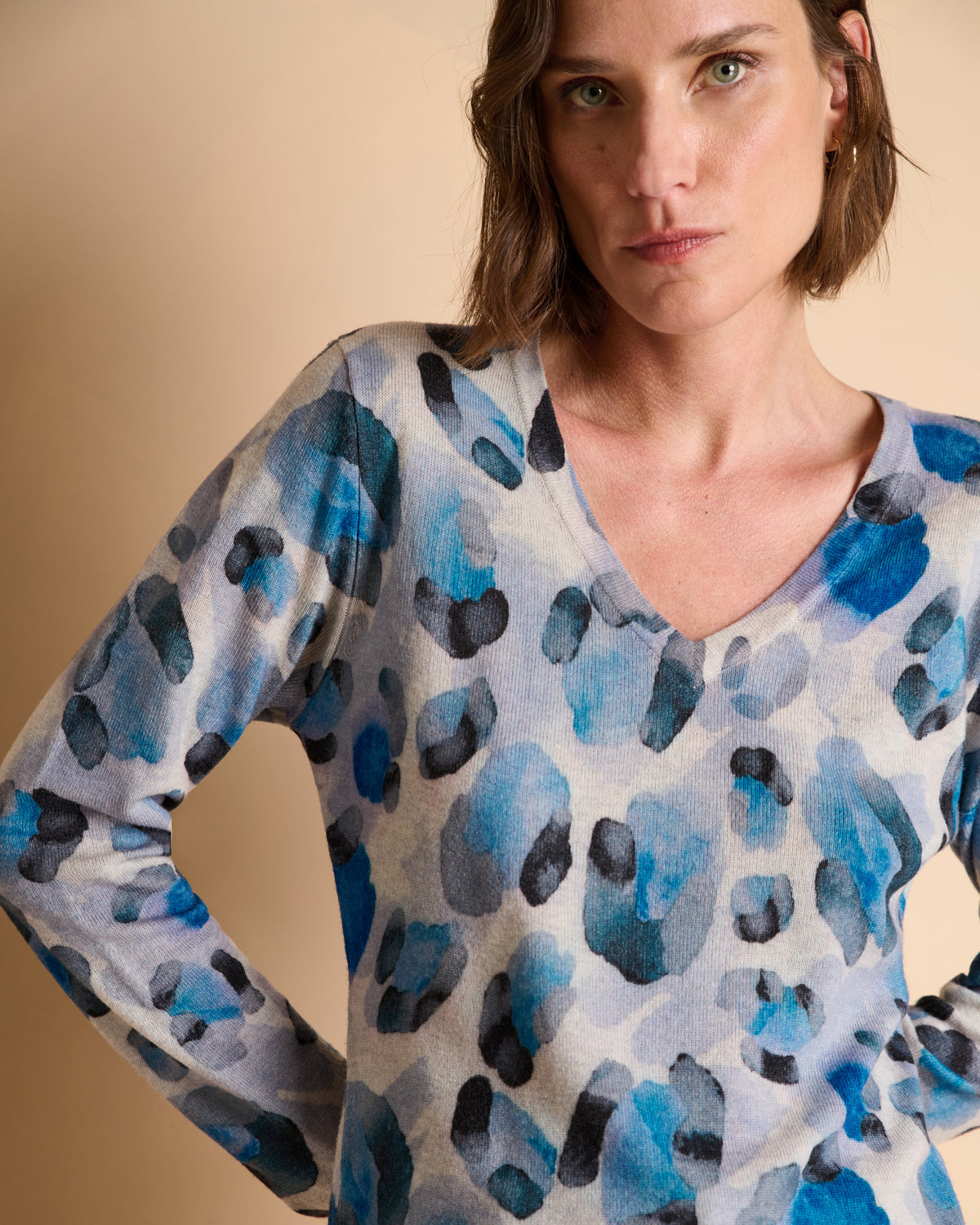 Pull bleu imprimé manches longues encolure V AUREOLE/14131/881