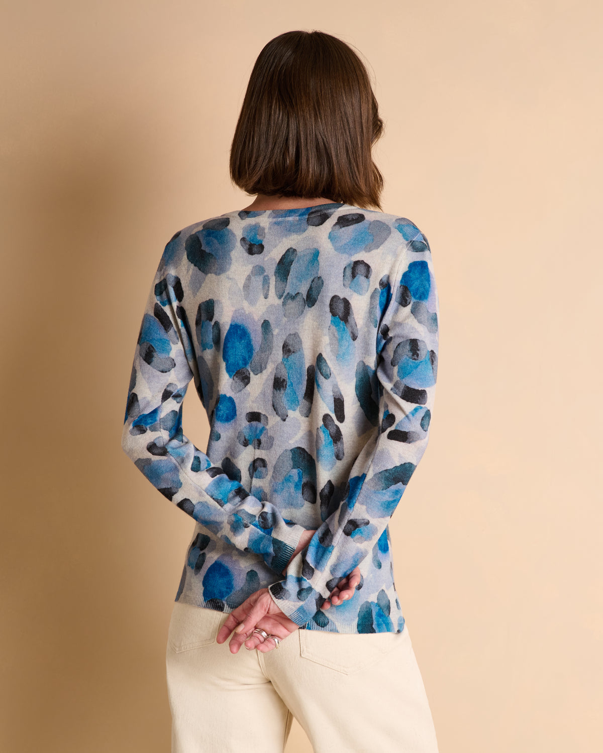 Pull bleu imprimé manches longues encolure V AUREOLE/14131/881