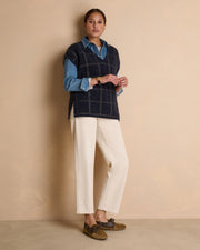 Pull bleu marine à carreaux sans manches en laine