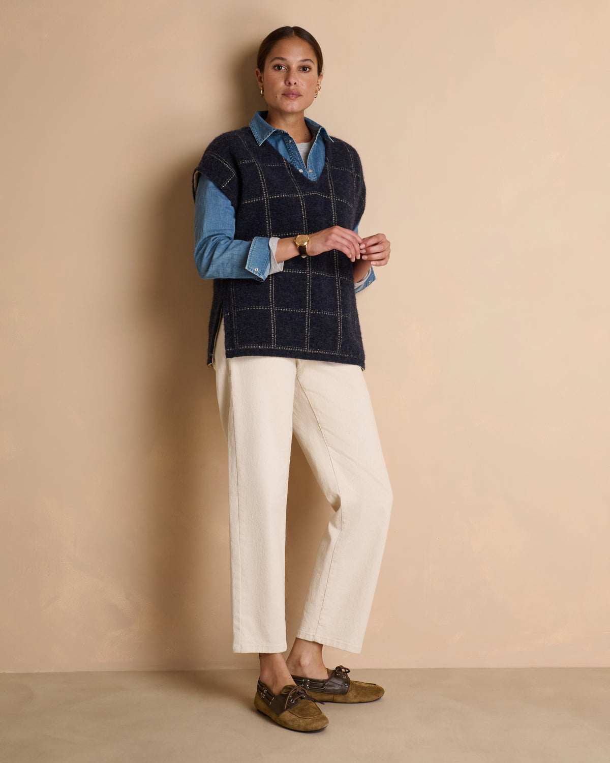 Pull bleu marine à carreaux sans manches en laine AUSTIN/14023/886
