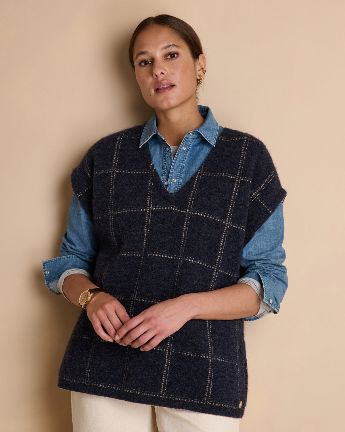 Pull bleu marine à carreaux sans manches en laine AUSTIN/14023/886