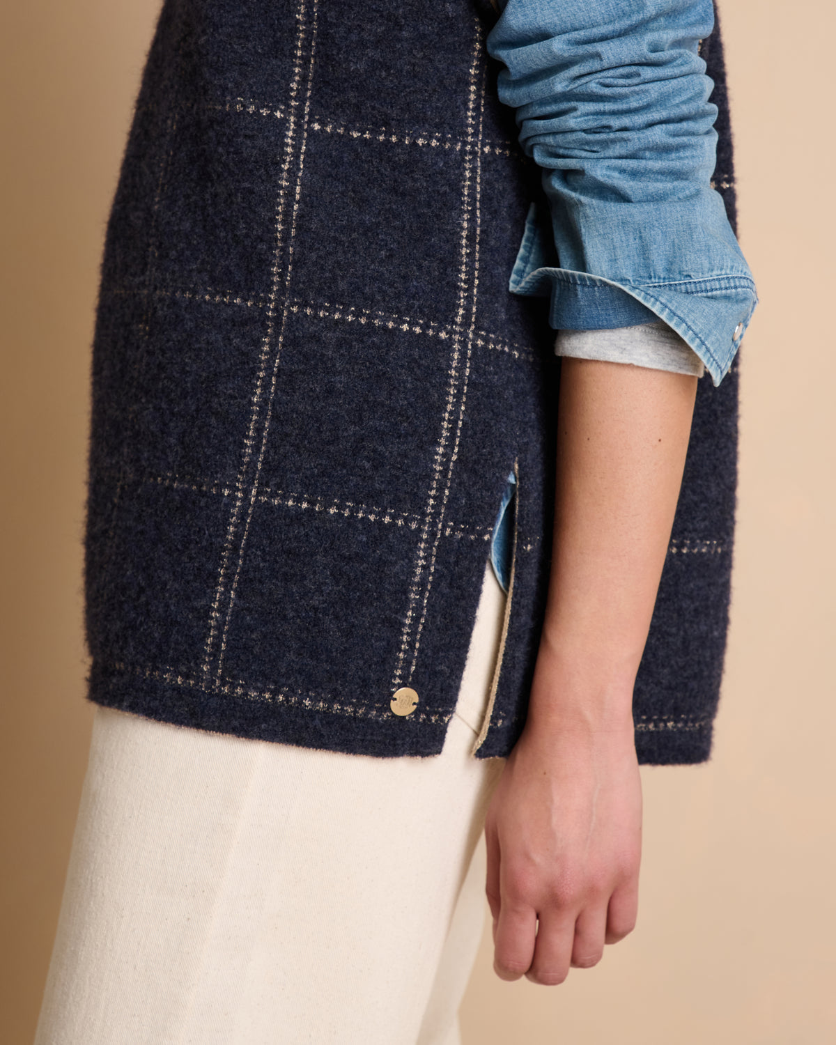 Pull bleu marine à carreaux sans manches en laine AUSTIN/14023/886