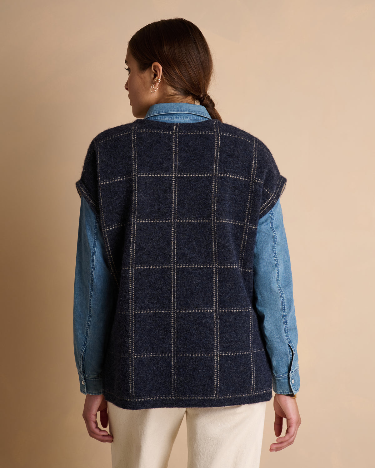 Pull bleu marine à carreaux sans manches en laine AUSTIN/14023/886