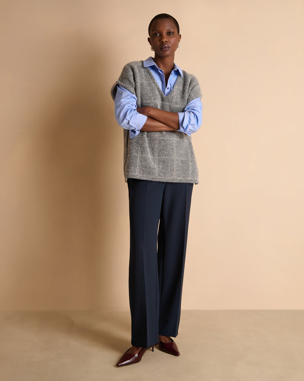 Pull gris à carreaux sans manches en laine AUSTIN/14023/911