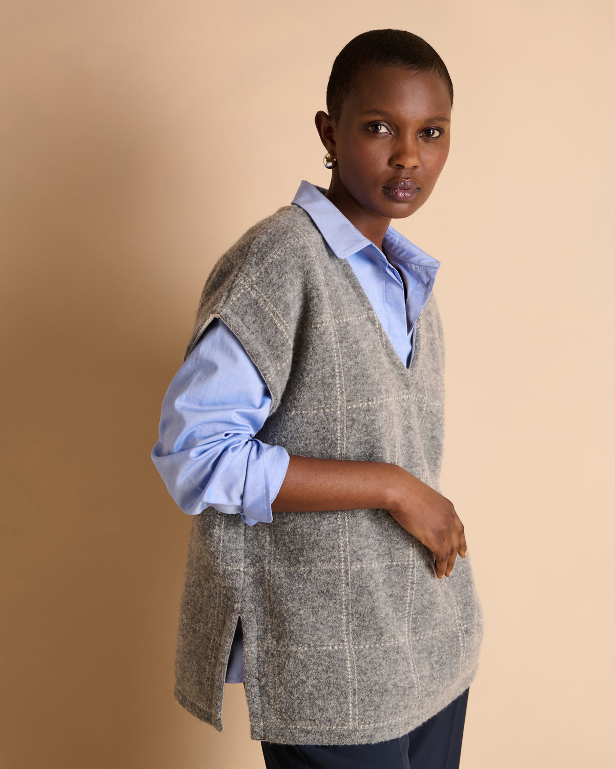 Pull gris à carreaux sans manches en laine AUSTIN/14023/911