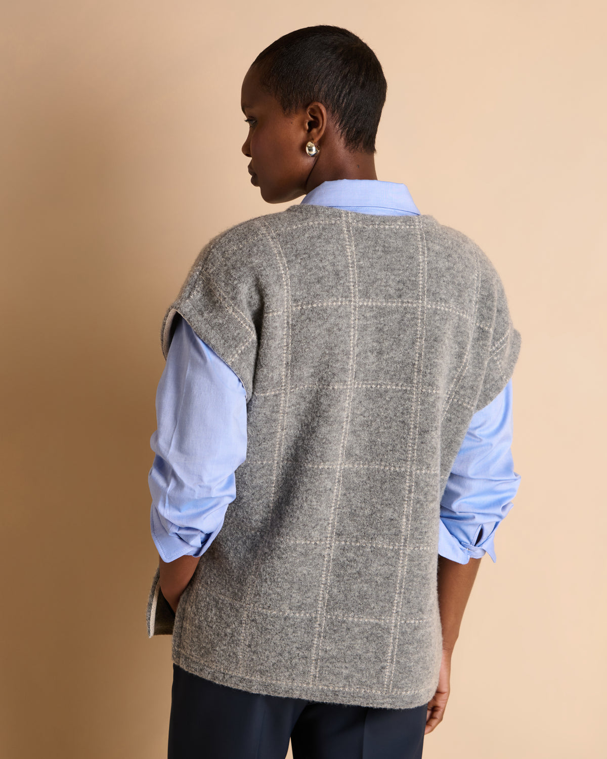 Pull gris à carreaux sans manches en laine AUSTIN/14023/911