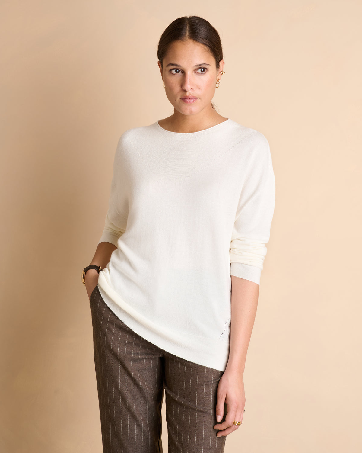 Pull blanc cassé encolure ronde et manches longues AUTOGRAPHE/14181/003