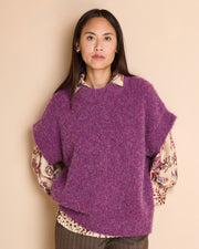 Pull violet oversize manches courtes à col montant made in France