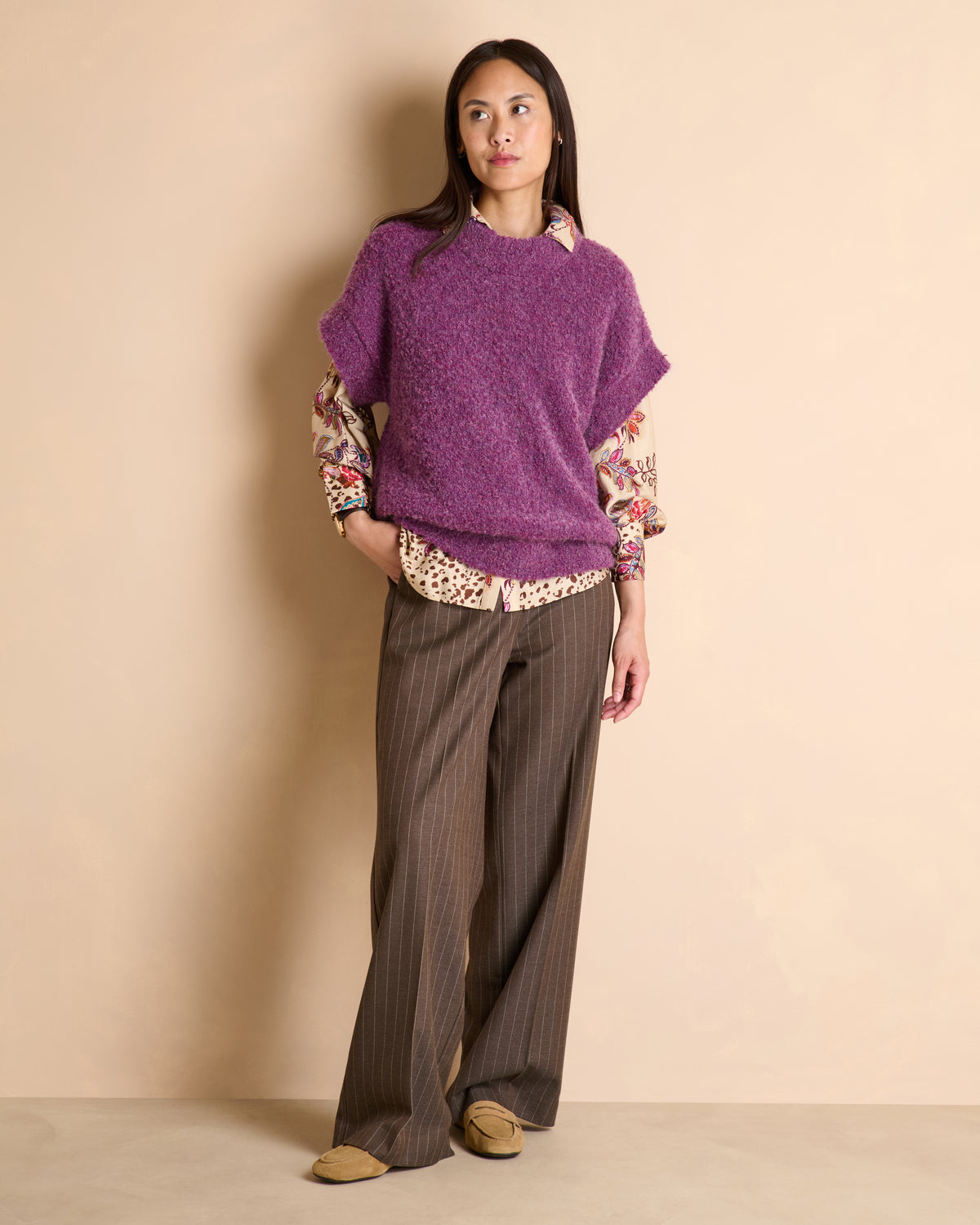 Pull violet oversize manches courtes à col montant AVERSE/14024/346