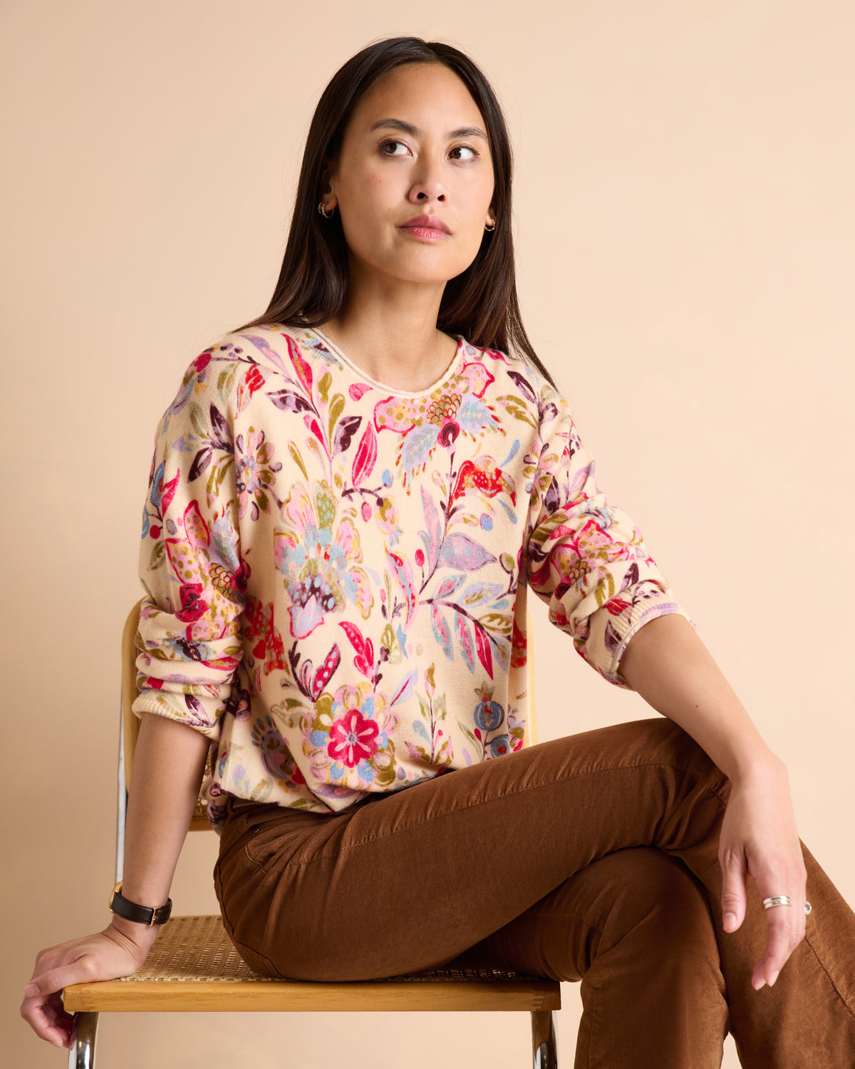 Pull beige imprimé fleurs colorées encolure ronde AZALEE/14135/901