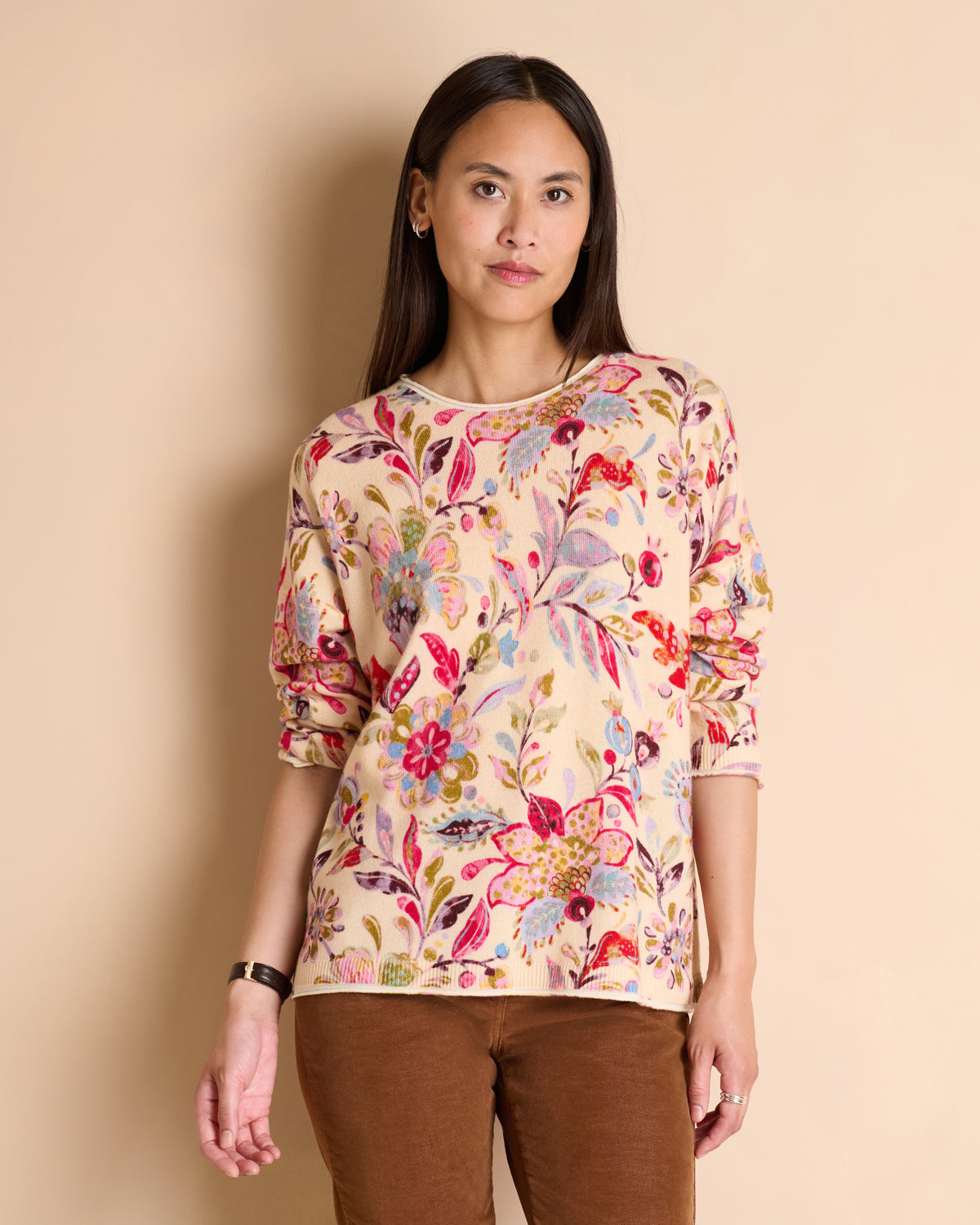 Pull beige imprimé fleurs colorées encolure ronde AZALEE/14135/901