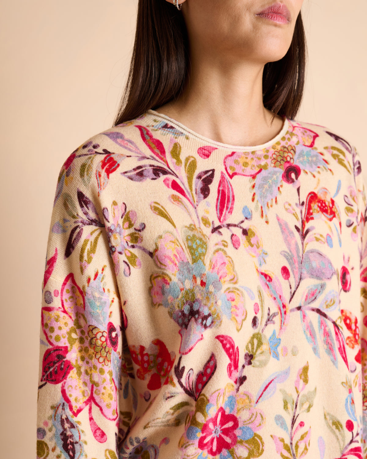 Pull beige imprimé fleurs colorées encolure ronde AZALEE/14135/901