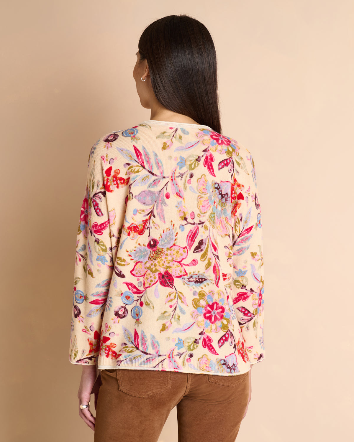 Pull beige imprimé fleurs colorées encolure ronde AZALEE/14135/901