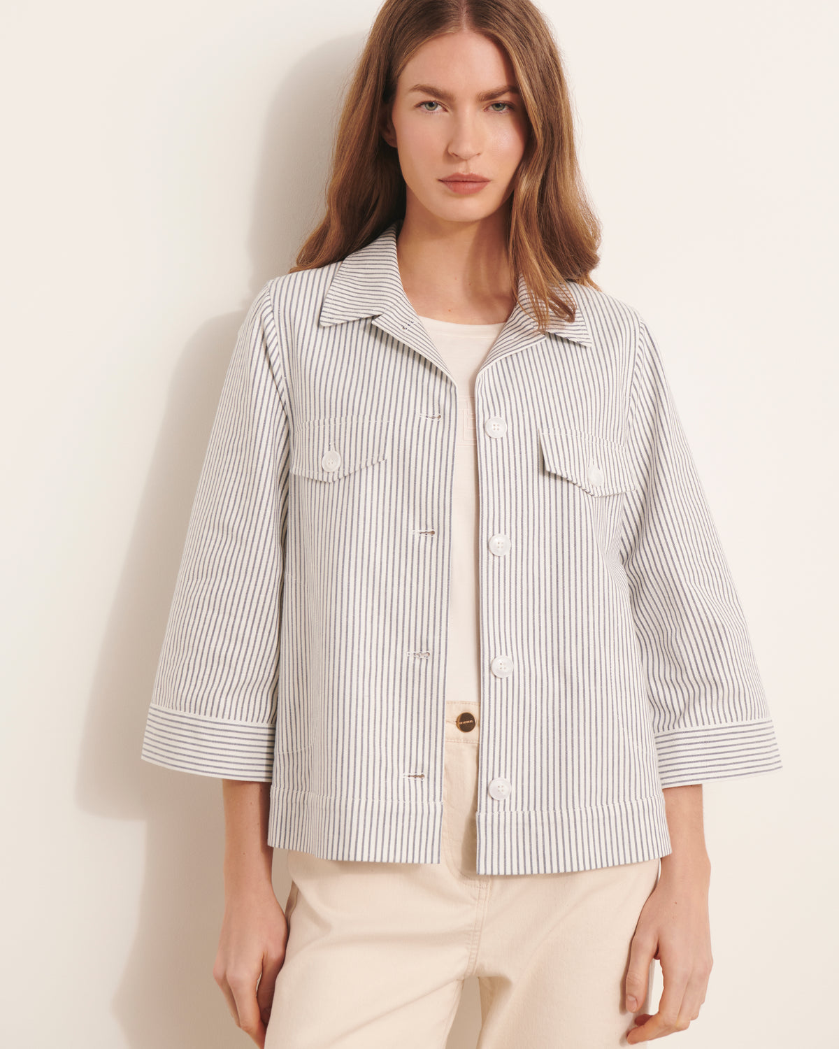 Veste courte à rayures beige et bleu BALIESSE/13219/521