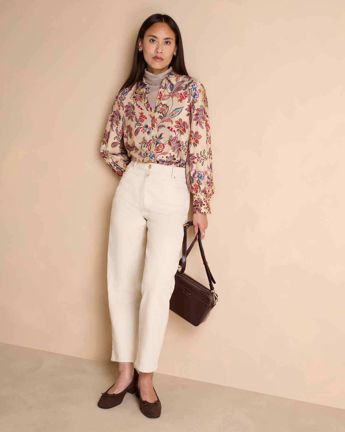 Chemise beige imprimée fleurs colorées manches longues COROLLE/14159/539