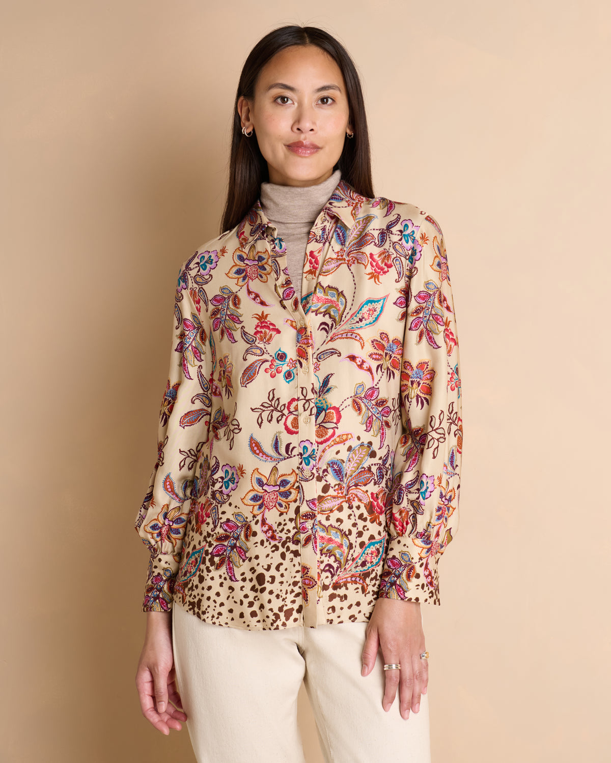 Chemise beige imprimée fleurs colorées manches longues COROLLE/14159/539