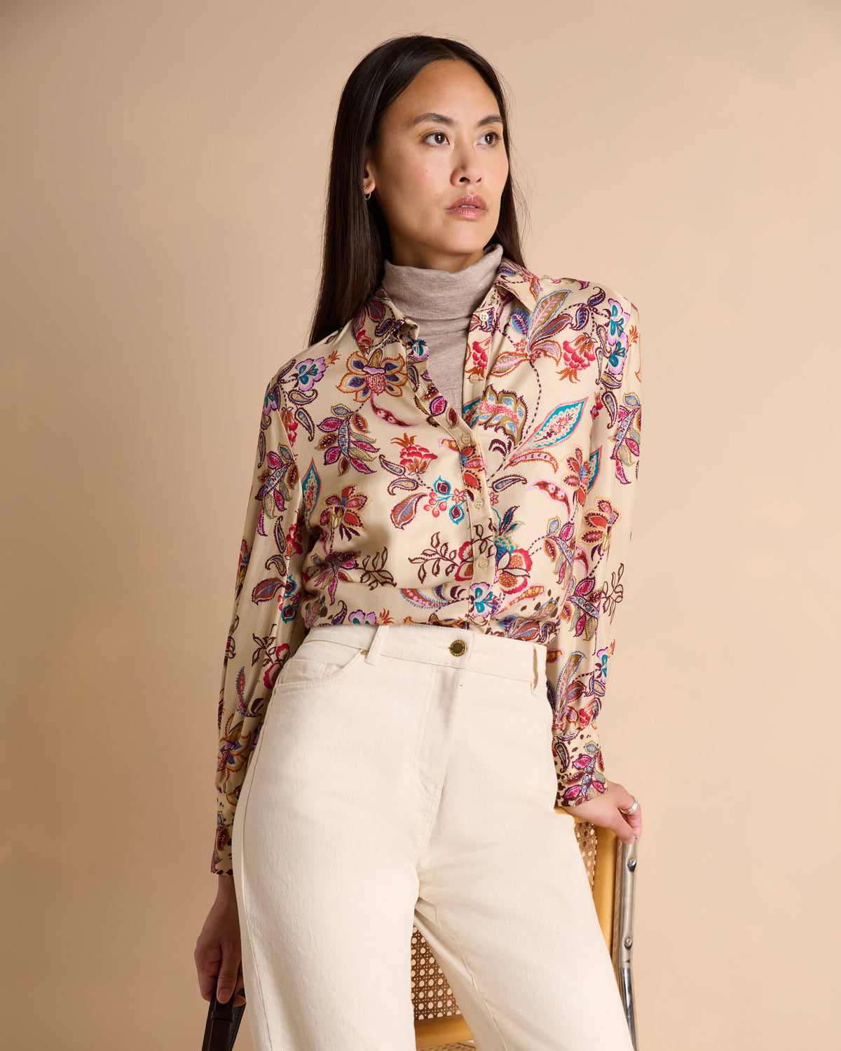 Chemise beige imprimée fleurs colorées manches longues COROLLE/14159/539
