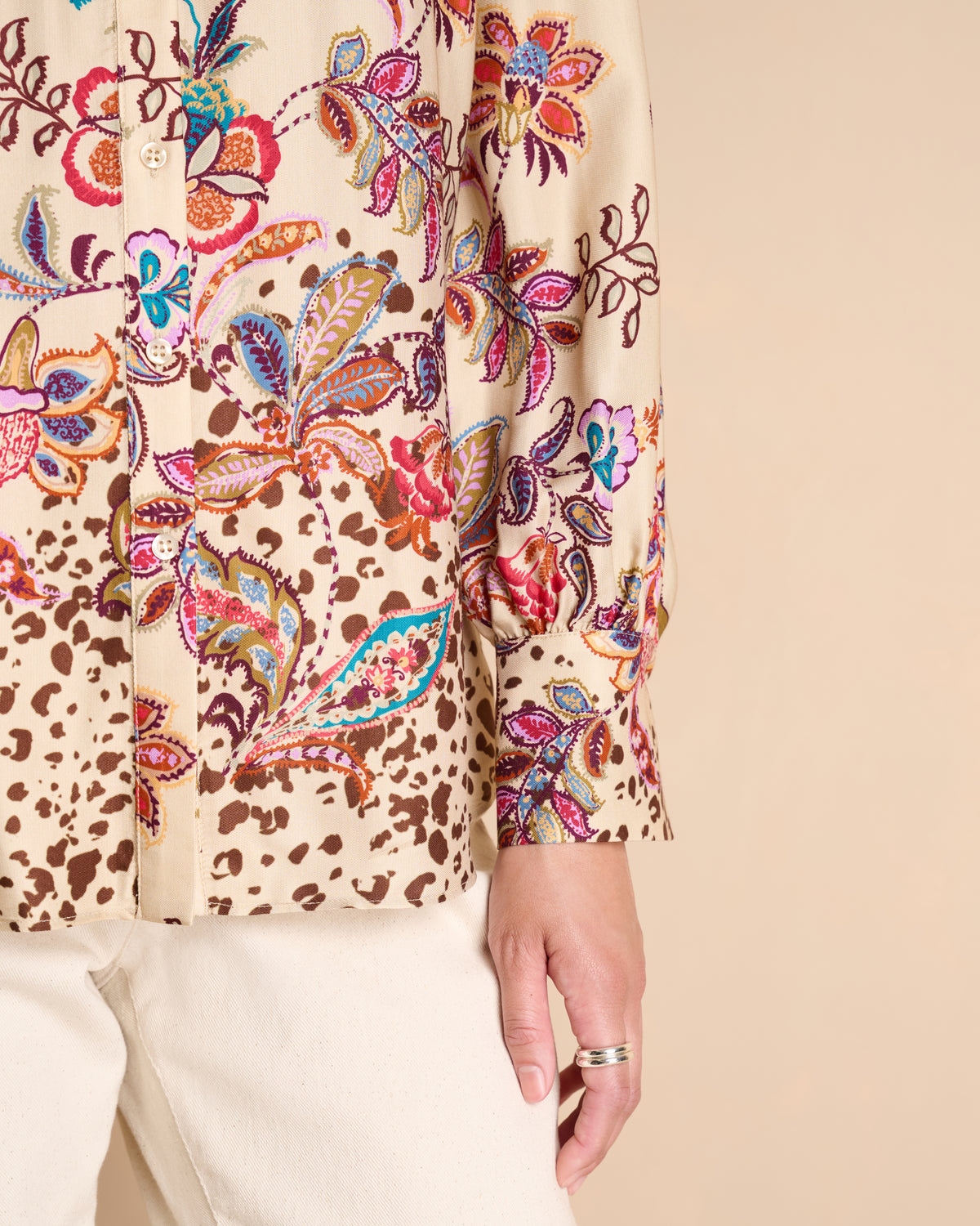Chemise beige imprimée fleurs colorées manches longues COROLLE/14159/539