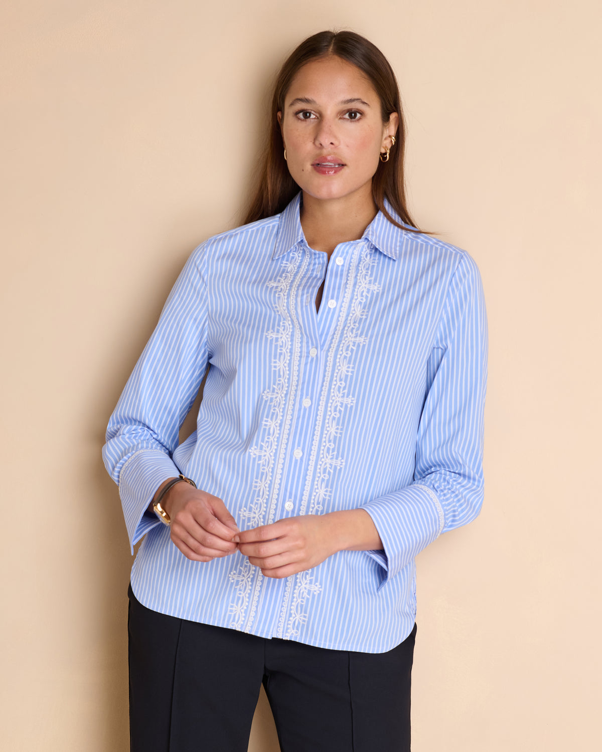 Chemise bleue à rayures blanches brodée CRAVATE/14075/630