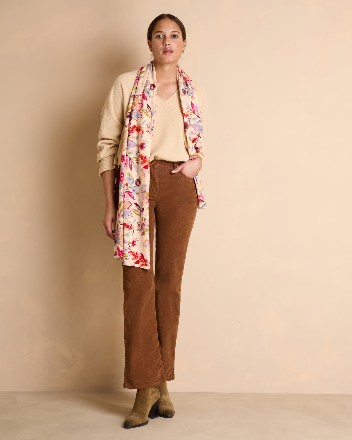 Echarpe beige imprimée fleurs colorées ECHINACEE/14136/901