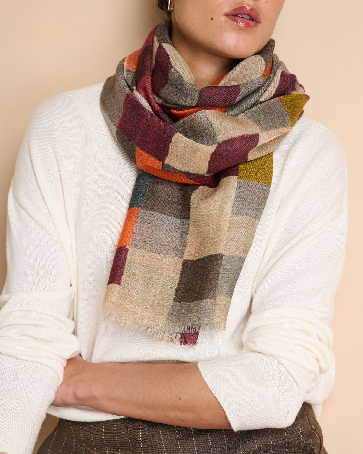 Echarpe beige imprimée damiers frangée EXCEL/14232/531