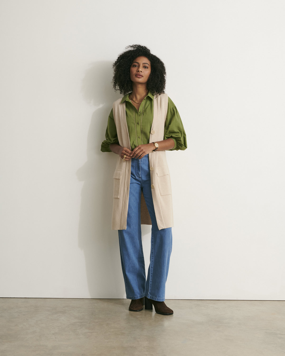 Veste longue en maille milano sans manches en laine mérinos GABAIN/11007/784