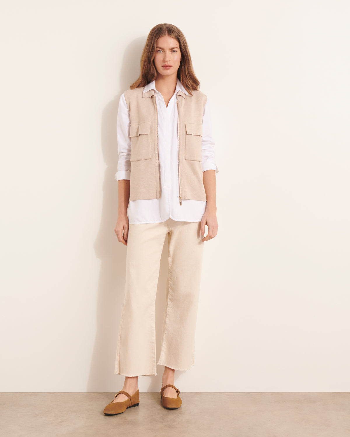 Gilet beige sans manches en maille milano GANACHE/13046/784