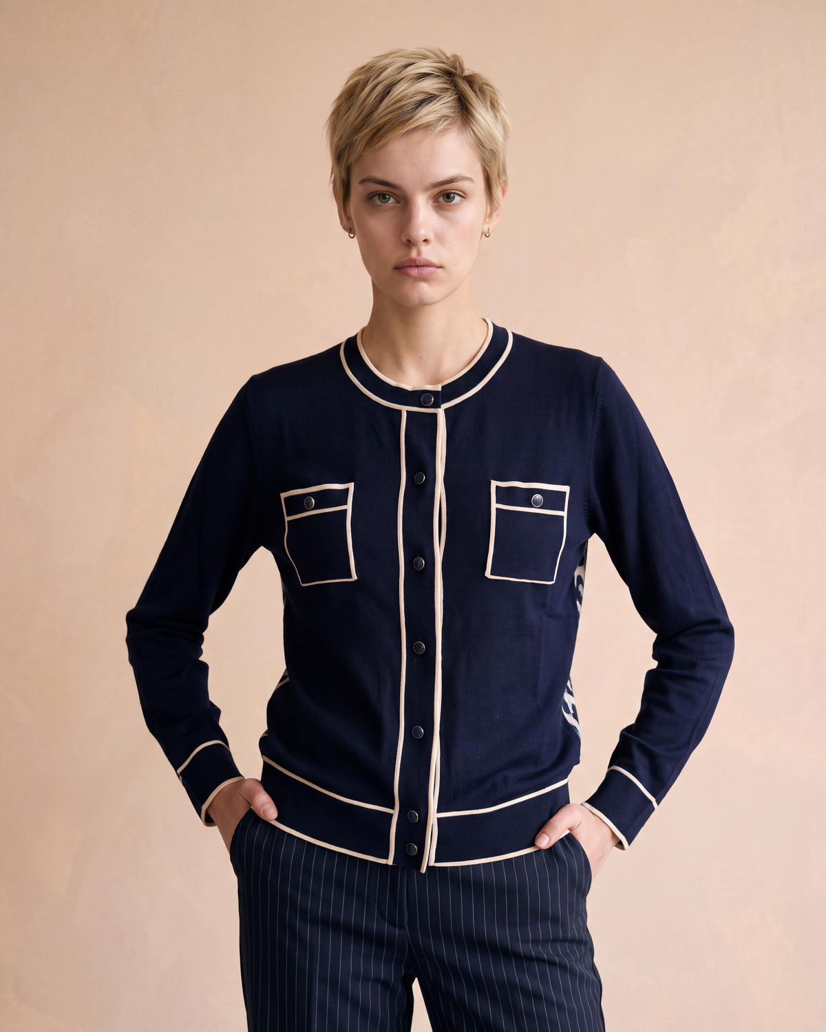 Gilet bleu dos imprimé manches longues encolure ronde GARZETTE/14209/635