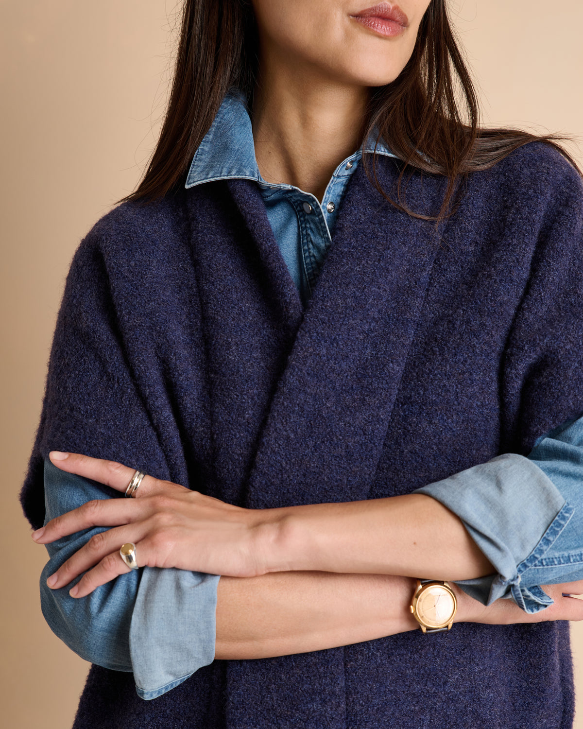 Gilet bleu marine oversize col châle sans manches en laine bouclette stretch GIVRE/14064/317
