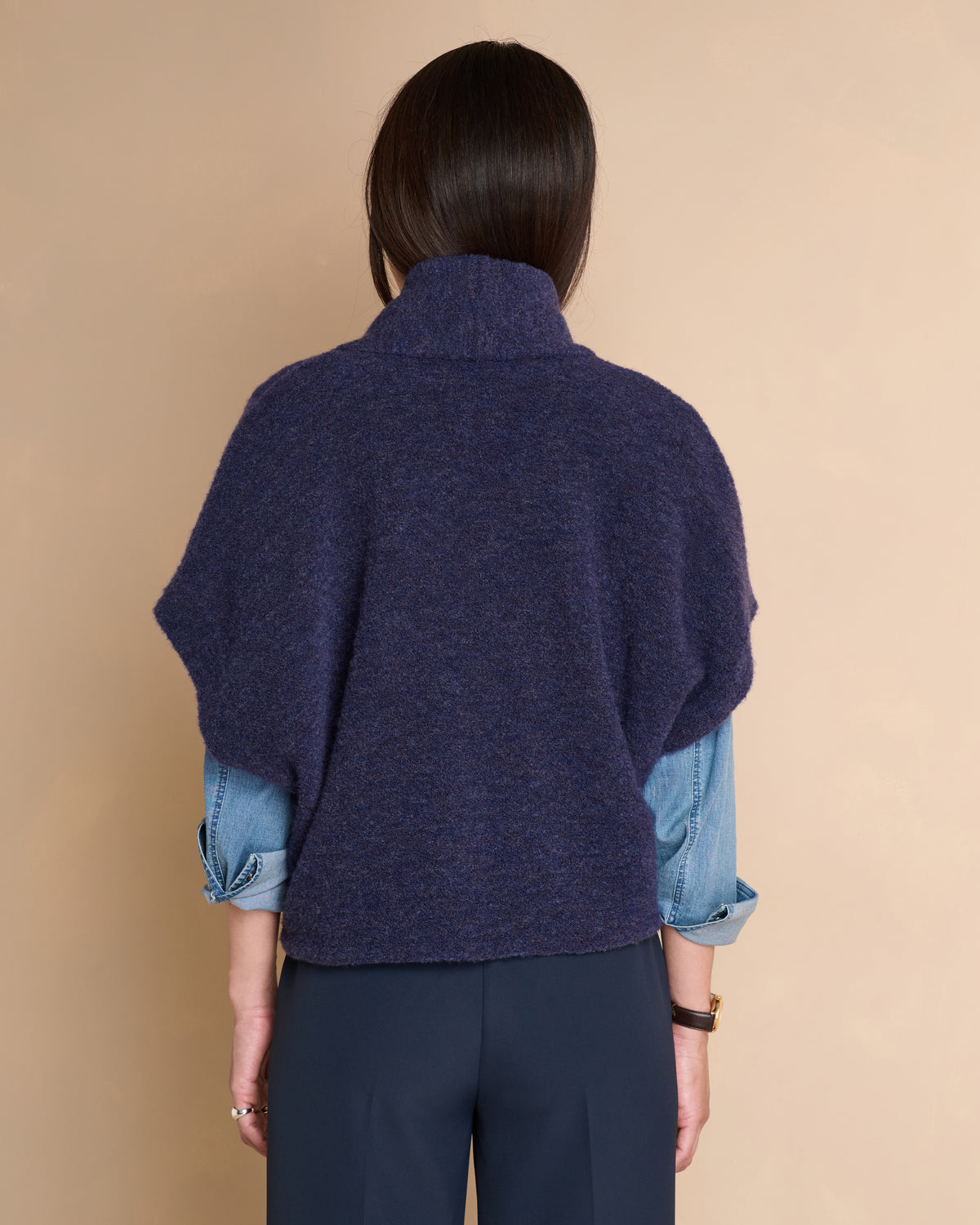 Gilet bleu marine oversize col châle sans manches en laine bouclette stretch GIVRE/14064/317