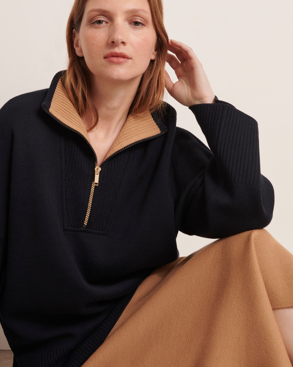 jupe midi en maille double face camel