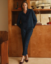 Pantalon bleu marine 7/8e droit à rayures en tissu stretch