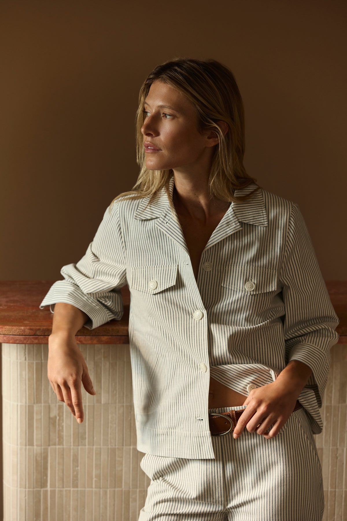 Veste courte à rayures beige et bleu BALIESSE/13219/521